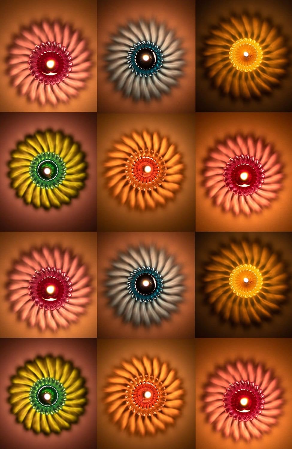 Oil Lamps & Accessories - Indian Karigar Diwali Diyas Colourful Diya for Diwali Decor Shadow Reflective Diyas Items for Home Decor Reusable Navratri Diwali Lights 12 Multicolour (Medium Sun Shape 3D Reflection)