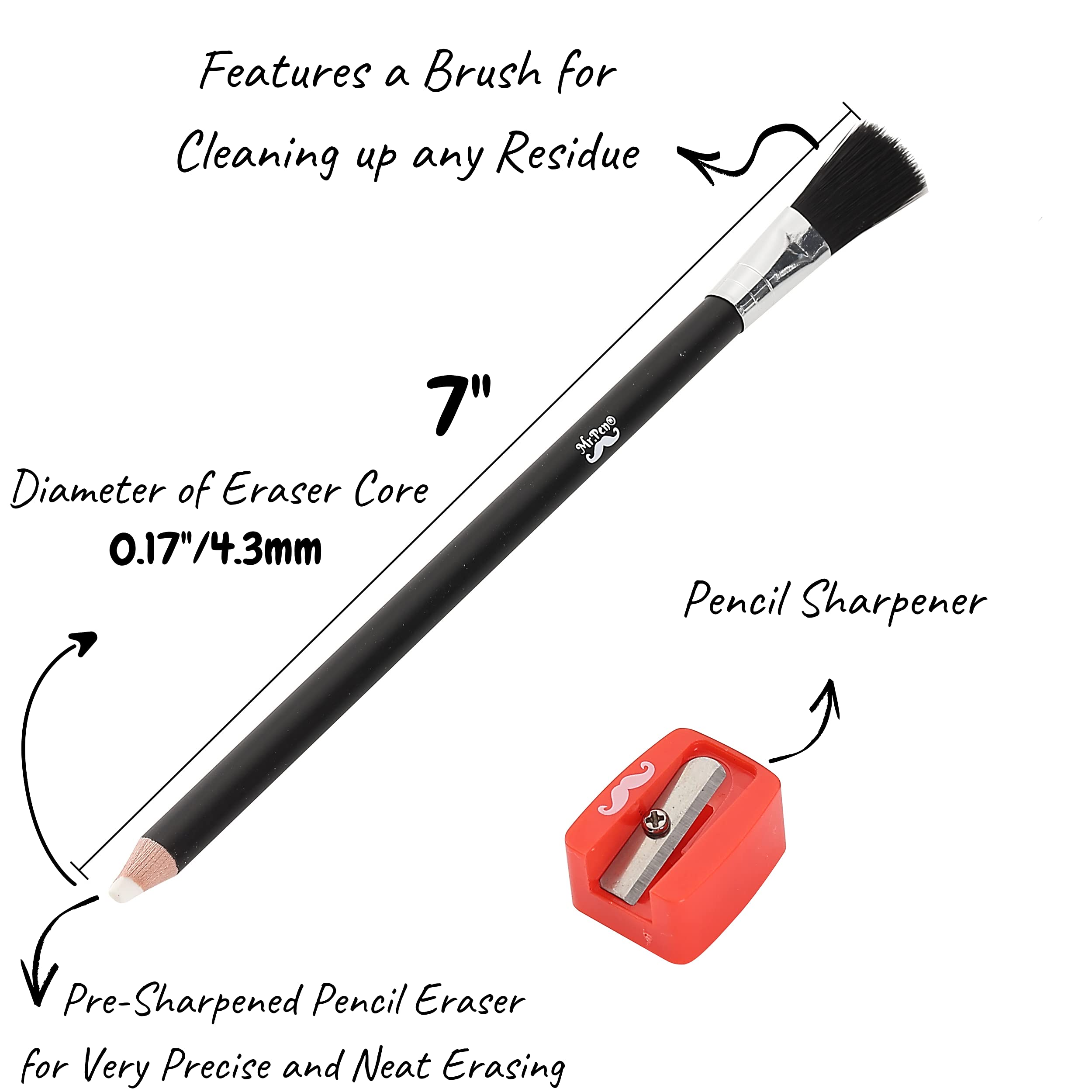 Mr. Pen Eraser Pencil with Brush, 3 Pcs, 2 Eraser Pencils, 1 Sharpener, Artist & Drawing Set