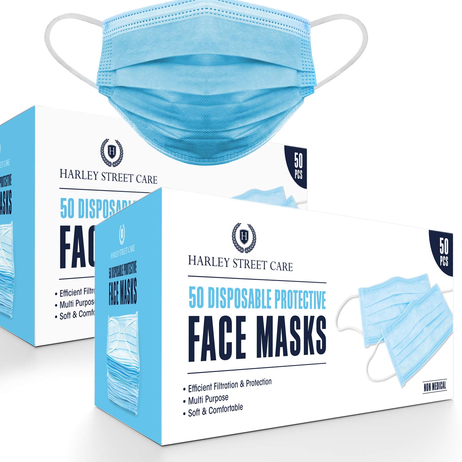 H HARLEY STREET CARE Disposable Blue Face Masks Protective 3 Ply Breathable Triple Layer Mouth Cover with Elastic Earloops (Pack of 100)