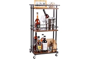 Feemiyo 3-Tier Bar Cart, Serving Bar Cart for Home with Large Storage Space, Made of Wood and Metal with Wheels，Multifunctional cart Suitable for Home Bars, Kitchens, Living Rooms, and bedrooms (Wood)