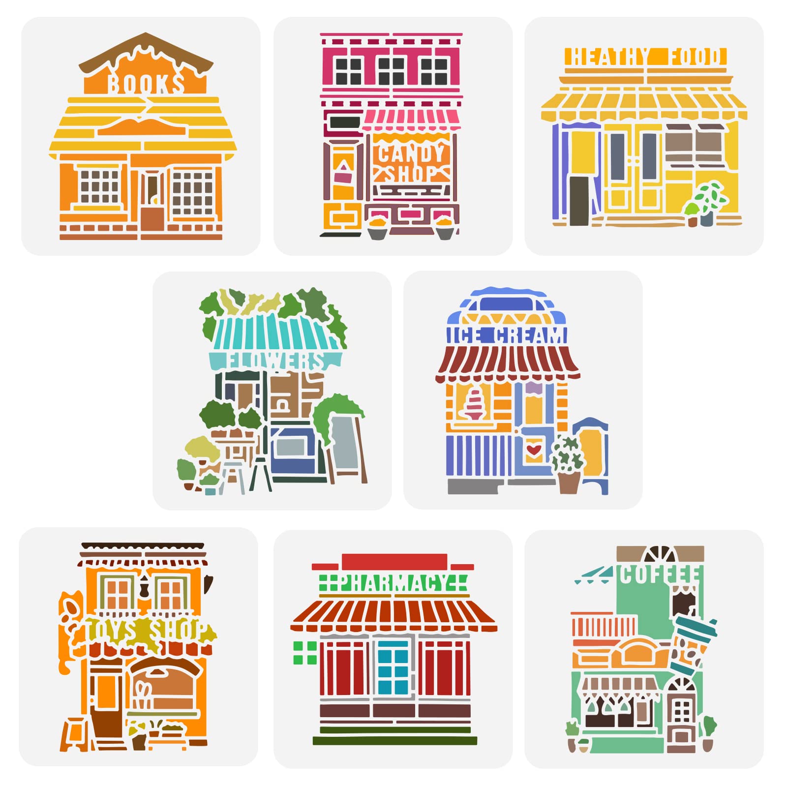 FINGERINSPIRE 8 PC House Stencils - 15x15cm Plastic PET Drawing Stencils for Wall Window Home Decor - Shop & Cafe Design
