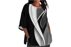 GENERIC Linen Cotton Shirts for Women 2024 Summer 3/4 Sleeve Loose Blouse Tees Dressy Casual Crewneck Tops Lightweight Comfy Tshirt