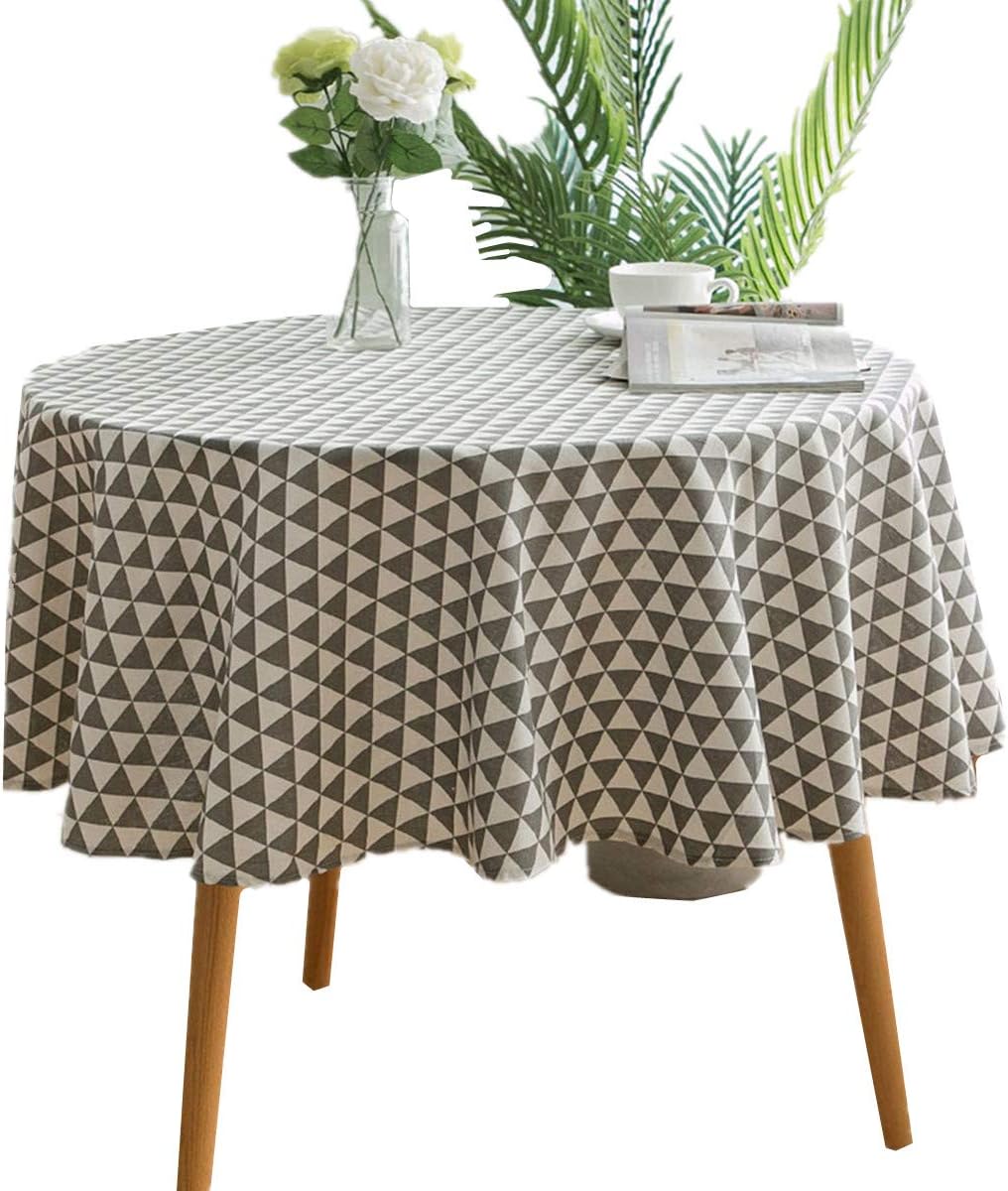 Round - 60" Tablecloth Cotton Linen Grey Triangle Pattern Table Cloth for Home Tabletop Decoration