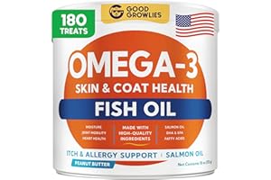 GOODGROWLIES Omega 3 Fish Oil for Dogs (180Ct) - Skin&Coat Chews - Dry & Itchy Skin Relief + Allergy Support - Shiny Coat - EPA&DHA Fatty Acids - Salmon Oil Chews Promotes Heart, Hip & Joint Support