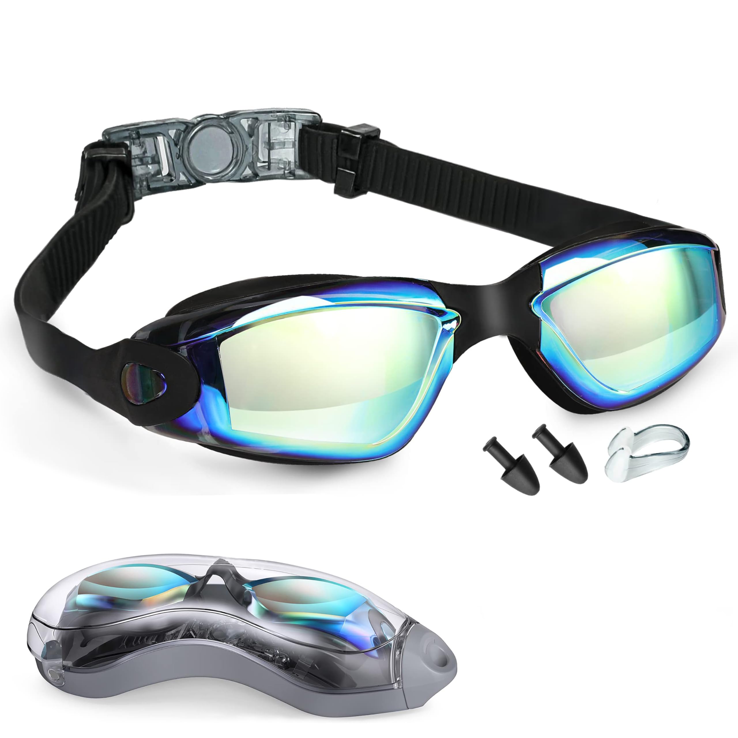 yenlk Swimming Goggles, Attached Ear Plugs for Adult Men Women And Kids 8+ - No Leaking, Anti Fog, UV Protection - Free Storage Case, Nose Clip and Earplugs