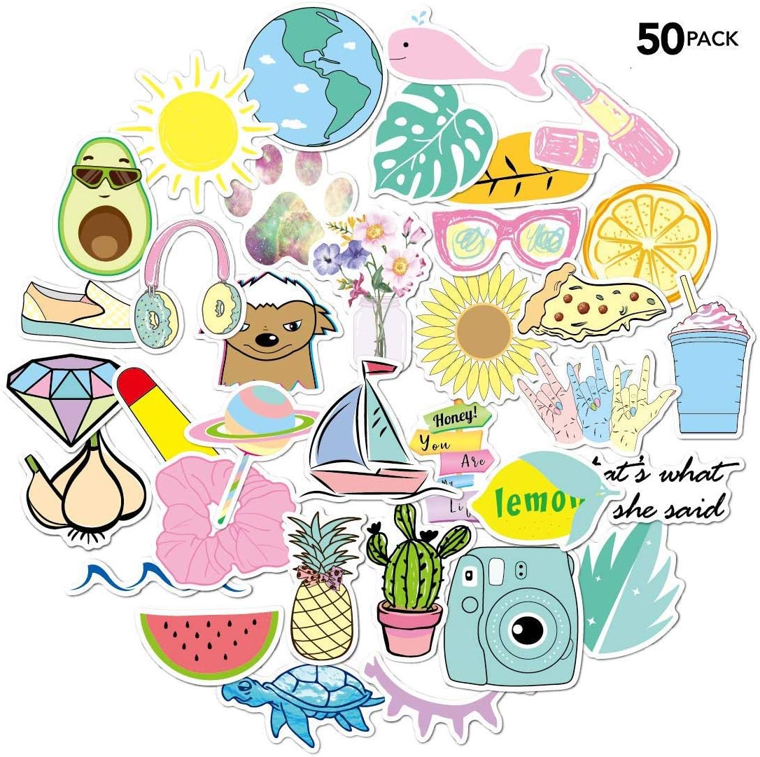 Stickers for Hydroflask, VSCO Girls Stuff, Cute Trendy Stickers for Water Bottle, Laptop, Travel, Durable Vinyl (50 Pack)