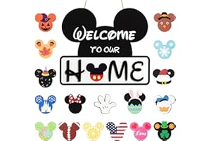 SUPYFD 19Pcs Cute Mouse Interchangeable Seasonal Welcome Door Sign for Front Door Decor, Welcome to Our Home Sign with Interchangeable Holiday Pieces for Farmhouse/Wall/Porch Decor and Housewarming