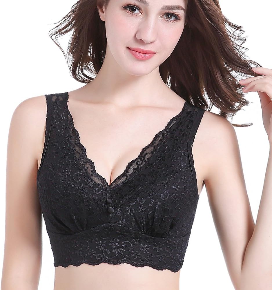 Women Bralette Sexy Lace Bra Wire Free Bustier Removeable Pads V Neck Tops Black XL