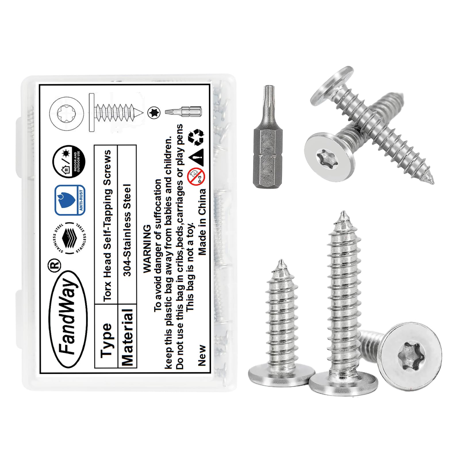 FandWay 100Pcs Torx Self Tapping Screws 304 Stainless Steel, M3x20mm Small Wood Screws,Torx Security Anti-Theft Screw,Flat Head Self Drilling Sheet Metal Screw Star Drive for DIY Wood Repairs.