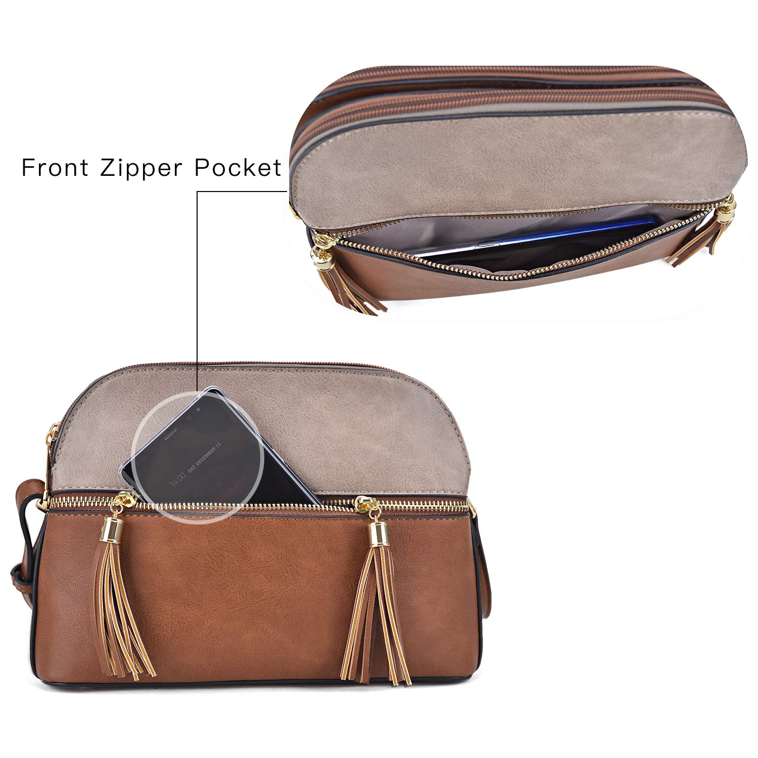 Functional Multi Pockets Lightweight Medium Crossbody Bags Purses for Women Double Zipper Shoulder Messenger Bag with Tassel (Burgundy/Soil)