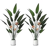 Crowye 2 Pcs 5 ft Artificial Bird of Paradise Plant Faux Banana Leaf Tree Tall Lifelike Fake Palm Tree Potted Plant with 3 Tropical Flowers & 20 Trunks for Indoor Outdoor Home Office Living Room Decor