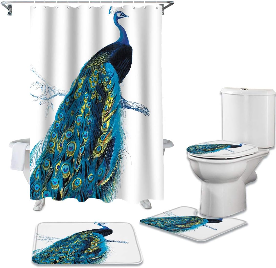 4 Piece Shower Curtain Sets with NonSlip Rug, Toilet Lid