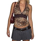 MakeMeChic Women's Summer Cheetah Print Backless Halter Tops Cowboy Chic Sleeveless Tie Crop Tops