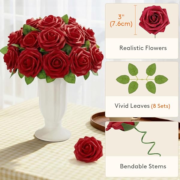 LIFEWIT ARTIFICIAL FLOWERS, 50 PCS DARK RED FOAM REAL LOOKING ROSES WITH STEMS, FAKE ROSES FOR DIY WEDDING BOUQUETS, CENTERPIECES ARRANGEMENTS, VALENTINE DECORATIONS