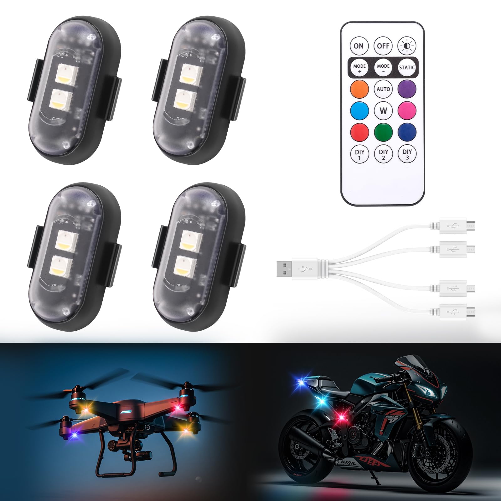 Photo 1 of 4PCS Wireless LED Strobe Lights with Remote Control,8 Colors Waterproof Anti-Collision USB Charing Led Warning Light, High Brightness Wireless LED Lights for Car Drone Truck Motorcycle Aircraft Bike