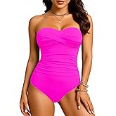 Yonique Womens Strapless One Piece Swimsuit Tummy Control Bandeau Bathing Suits Slimming Twist Front Swimwear