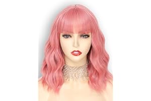yumtaro Pastel Pink Wavy Bob Wig for Women, Short Shoulder Length Synthetic Wig with Bangs, Natural Looking Lightweight Hairpiece for Daily Wear & Cosplay Costume Party