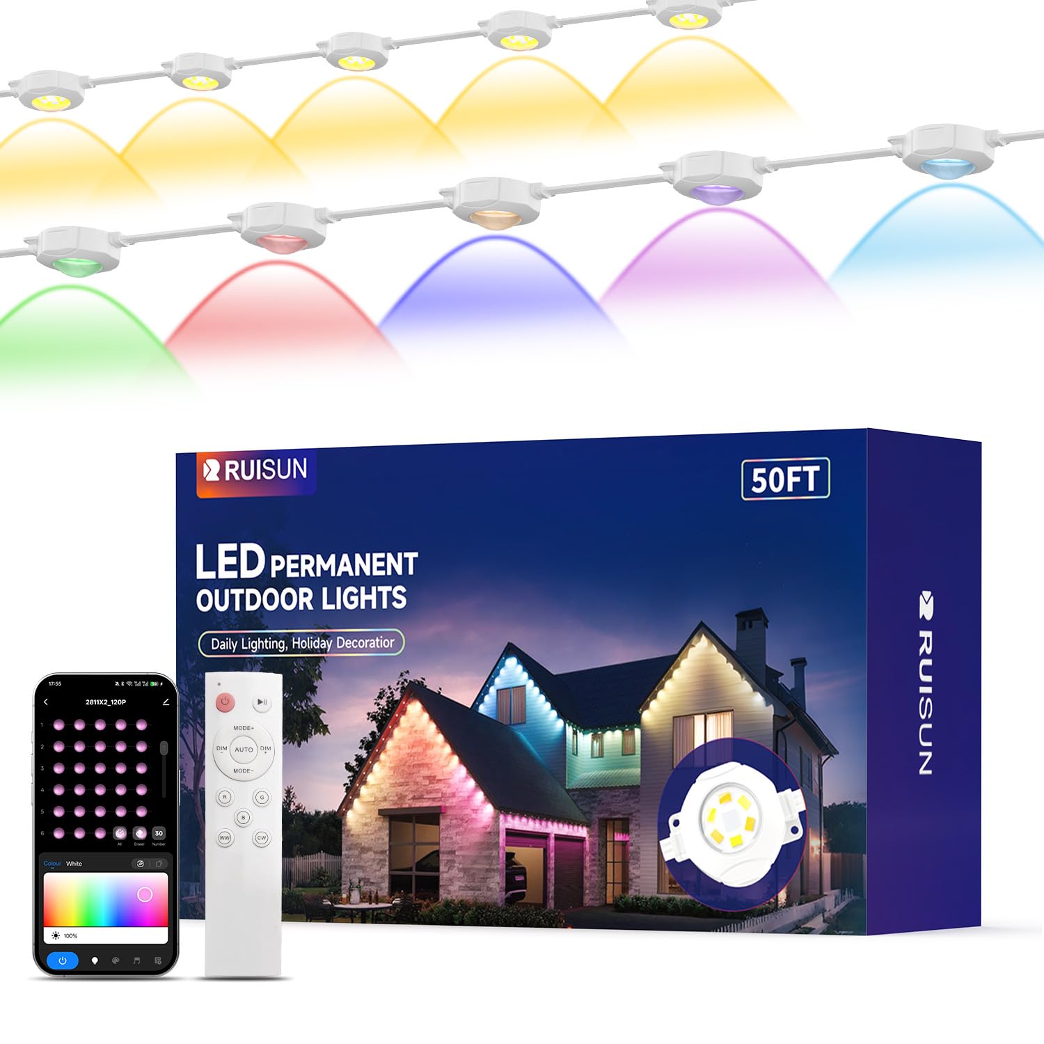 RUISUN Permanente Außenbeleuchte Lights RGBICW 2700-6000K LED Lichterketten Outdoor IP67 Wasserdichte mit App Steuerung für Weihnachtsdekoration Gartenpartys und tägliche Beleuchtung(Weiße 50FT)