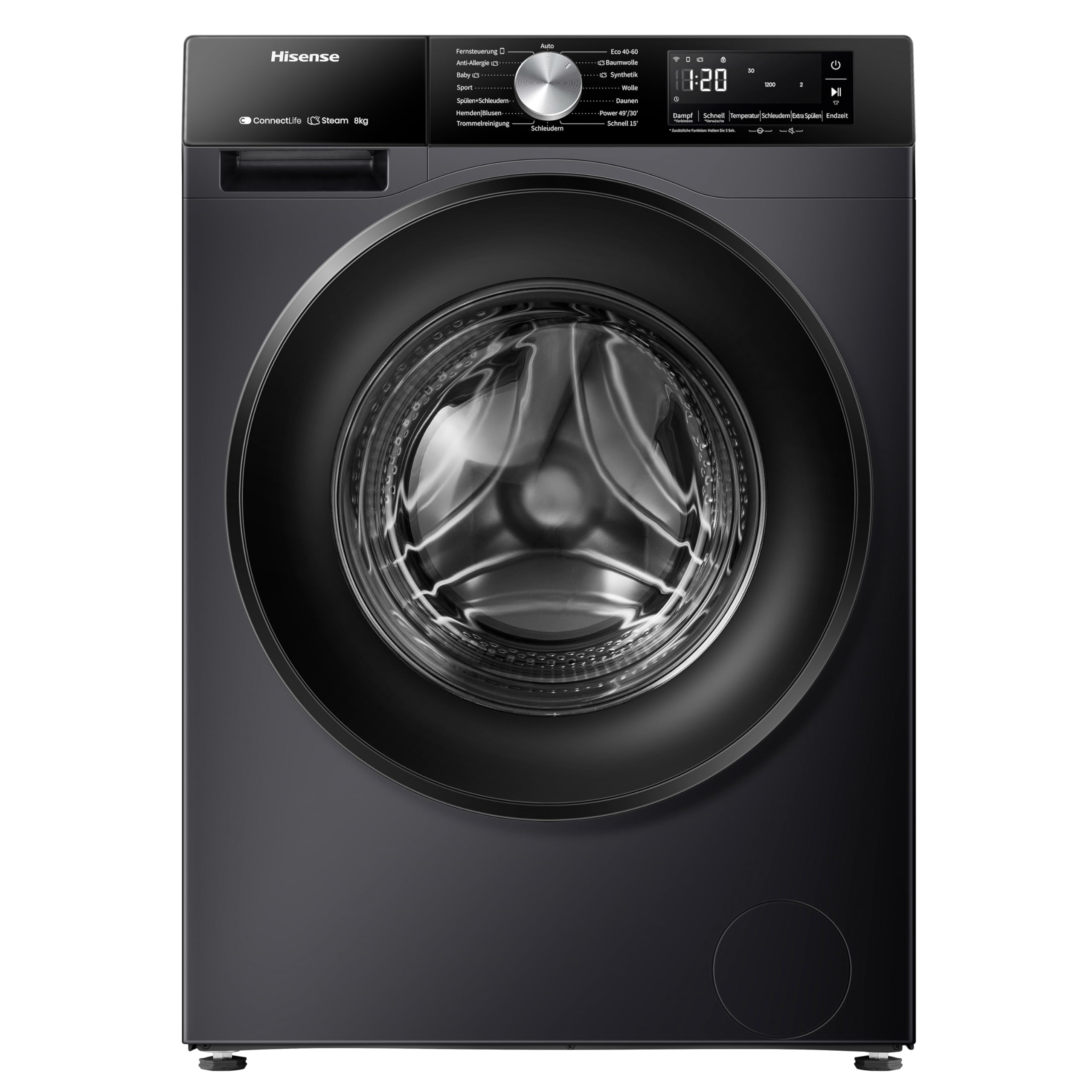 Hisense WF3S8043BB3 Waschmachine mit Dampffunkunktion, 8 kg, 1400 U,min, WIFI, ConnectLife, Power JetWash, Anti-Allergie Programm, Aqua Stop, Auto Wash, Quick Wash, EEK A-30 Prozent 8