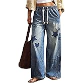 SOLY HUX Women's Y2k Baggy Jeans Star Graphic Drawstring Wide Leg Denim Pants Vintage Streetwear
