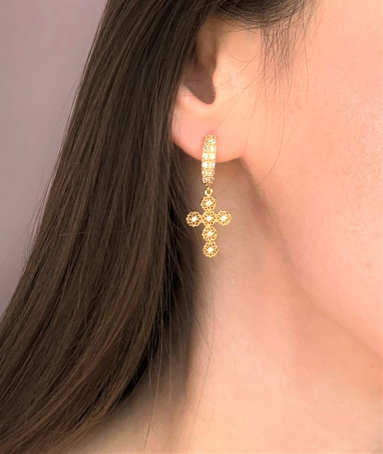 Dangling Cross Chunky Hoop Earrings Gold Plated Sterling