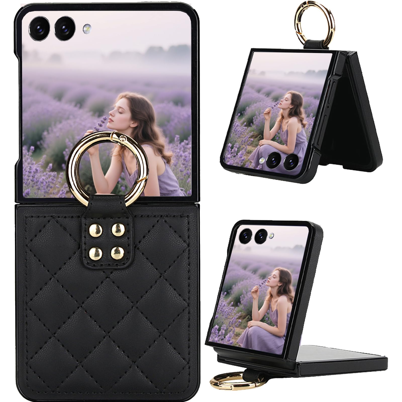 Photo 1 of Ephoou for Samsung Galaxy Z Flip7 Case with Ring Holder, Durable Soft Rhomboid PU Leather Cover with Hinge Protection Anti-Scratch Shockproof Slim Case for Samsung Z Flip 7 ZXF-Black