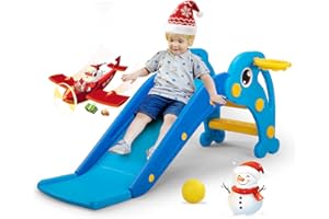 NYEEKOY 3 in 1 Toddler Slide, Baby Slide Plastic Climber Playset with Basketball Hoop and Ball, Indoor and Outdoor Playground for Kids