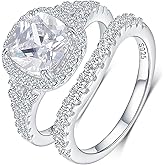 MDFUN Two-in-One Halo Engagement Rings Set for Women S925 Sterling Silver Faux Diamond Cubic Zirconia Wedding Promise Stackable Eternity Band Size 5-10
