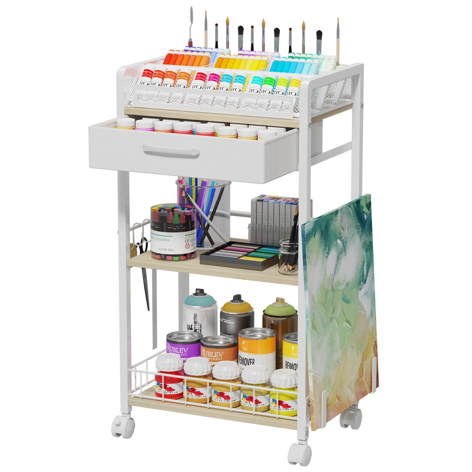 Photo 1 of Homsorout 3 Tier Rolling Cart - Metal Utility Cart with Storage Drawer and Wheels, Versatile Art & Craft Organizer for Home, Office, or Studio Ideal for Storing Brushes, Paints, and Supplies White