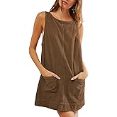 Kedera Women's Corduroy Overall Dress Scoop Neck A Line Pinafore Mini Dress Skirtall Jumper Dress with Pockets