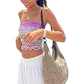 Women Y2K Tie Dye Tube Tops Summer Strapless Backless Floral Print Bandeau Crop Tops Cute Boho Cami Tops