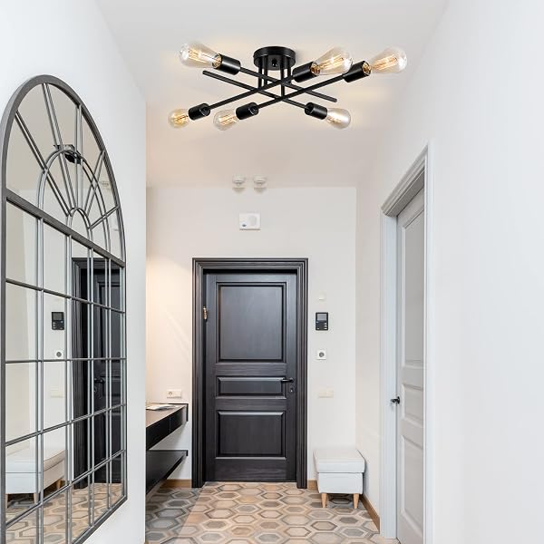 BRKNIT SPUTNIK CHANDELIERS, MODERN SEMI FLUSH MOUNT CEILING LIGHT WITH E26 BASE, MID CENTURY INDUSTRIAL KITCHEN FARMHOUSE LIGHT FIXTURES FOR BEDROOM LIVING ROOM (BLACK, CEILING 6 LIGHTS (LENGTHEN))