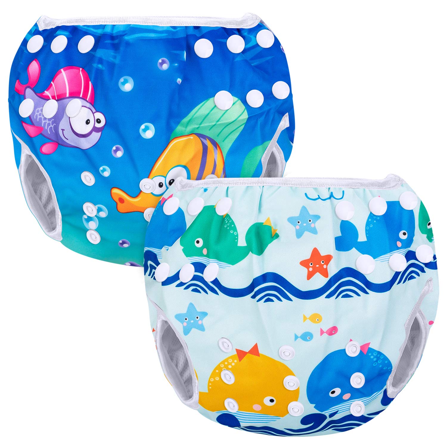 Luxja Swimming Nappy Reusable (Pack of 2), Adjustable Swim Nappies for Baby (0-3 Years), Washable, Whales + Fishes