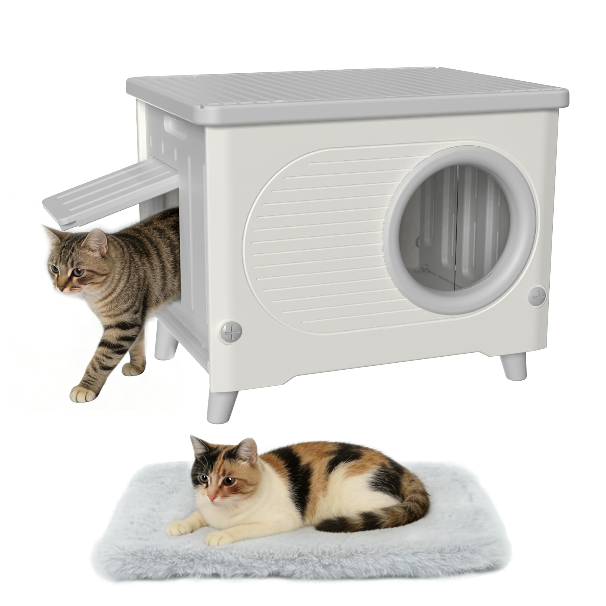 Casa para gatos al aire libre resistente a la intemperie con puerta de escape, refugio aislado de plástico resistente para gatos, casa elevada apilable para gatos salvajes para todas las estaciones al aire libre interior con cojín acogedor (blanco)