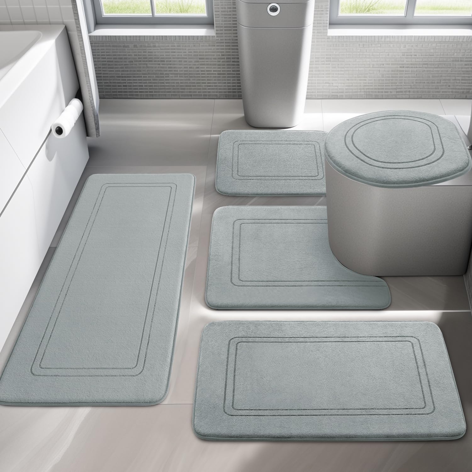 Photo 1 of YIHOUSE Light Grey Memory Foam Bathroom Rug Set, 5 Piece Absorbent NonSlip Bath Mat for Bathroom, Washable Dry Quickly