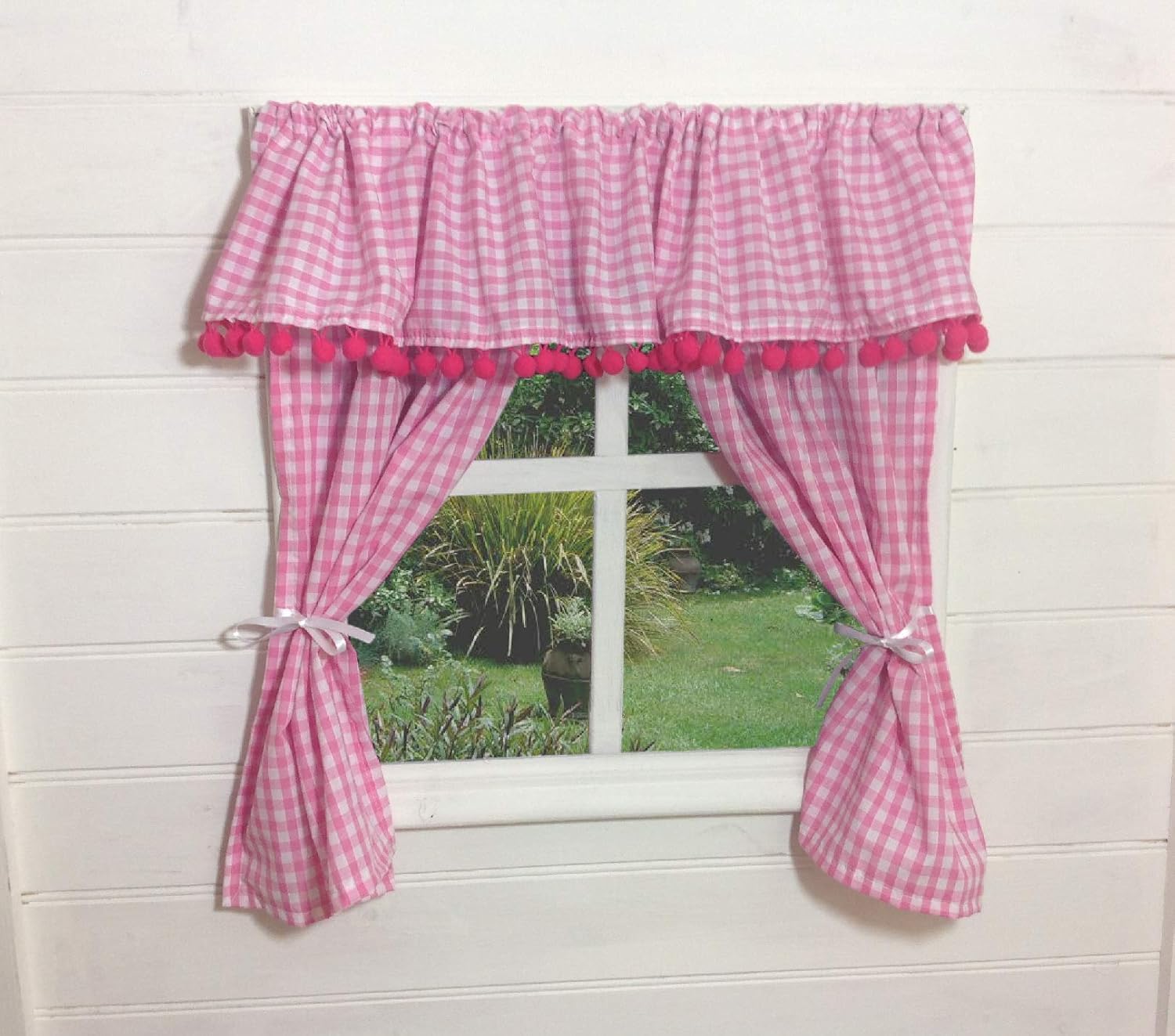 Gooseboose Kids Playhouse Curtains Pink Gingham With Pom Pom