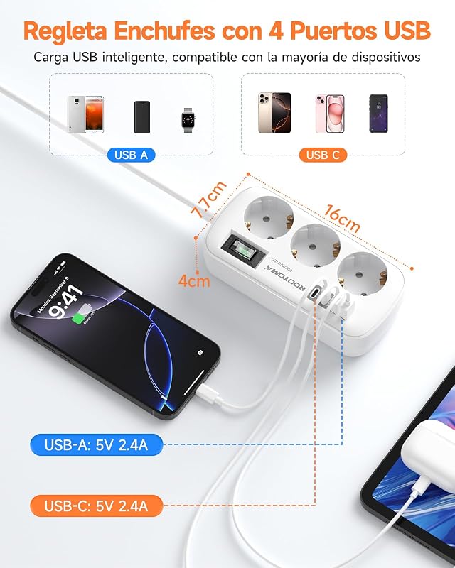 Regletas Enchufes con USB, Protección Sobretensión, 3 Tomas con Interruptor — foto 4 de 7