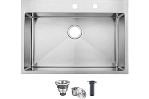 KINGO HOME 33 x 22 Inch Drop in Stainless Steel Kitchen Sink, Single Bowl 16 Gauge Top mount Sink Commercial Handmade 9 Inch Deep Kitchen Sinks Workstation Single Basin Brushed Satin Nickel