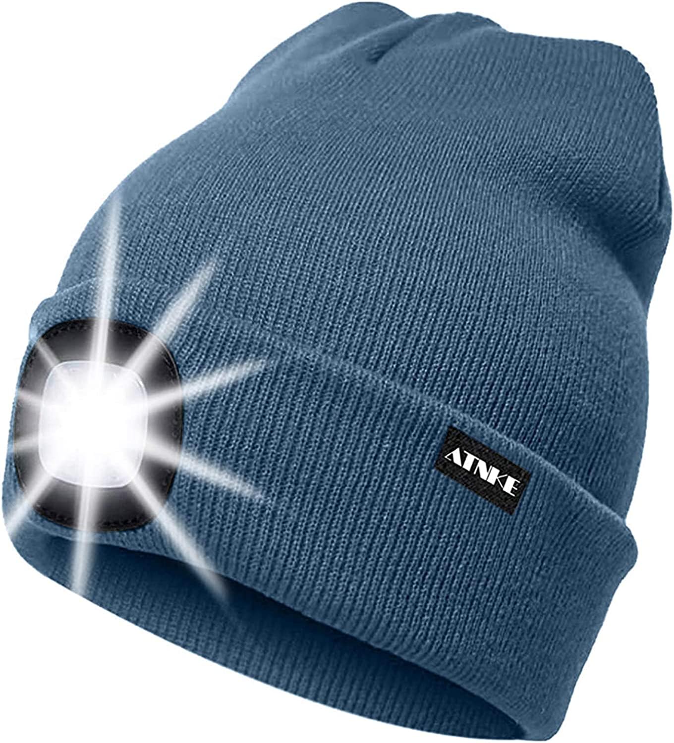 ATNKE LED Lighted Beanie Cap,USB Rechargeable Running Hat Ultra Bright 4 LED Waterproof Light Winter Warm Gifts for Men and Women/Shadow Blue