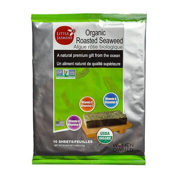 LITTLE JASMINE USDA ORGANIC, NON-GMO ROASTED NORI SEAWEED-10 FULL SHEETS (2PACKS)