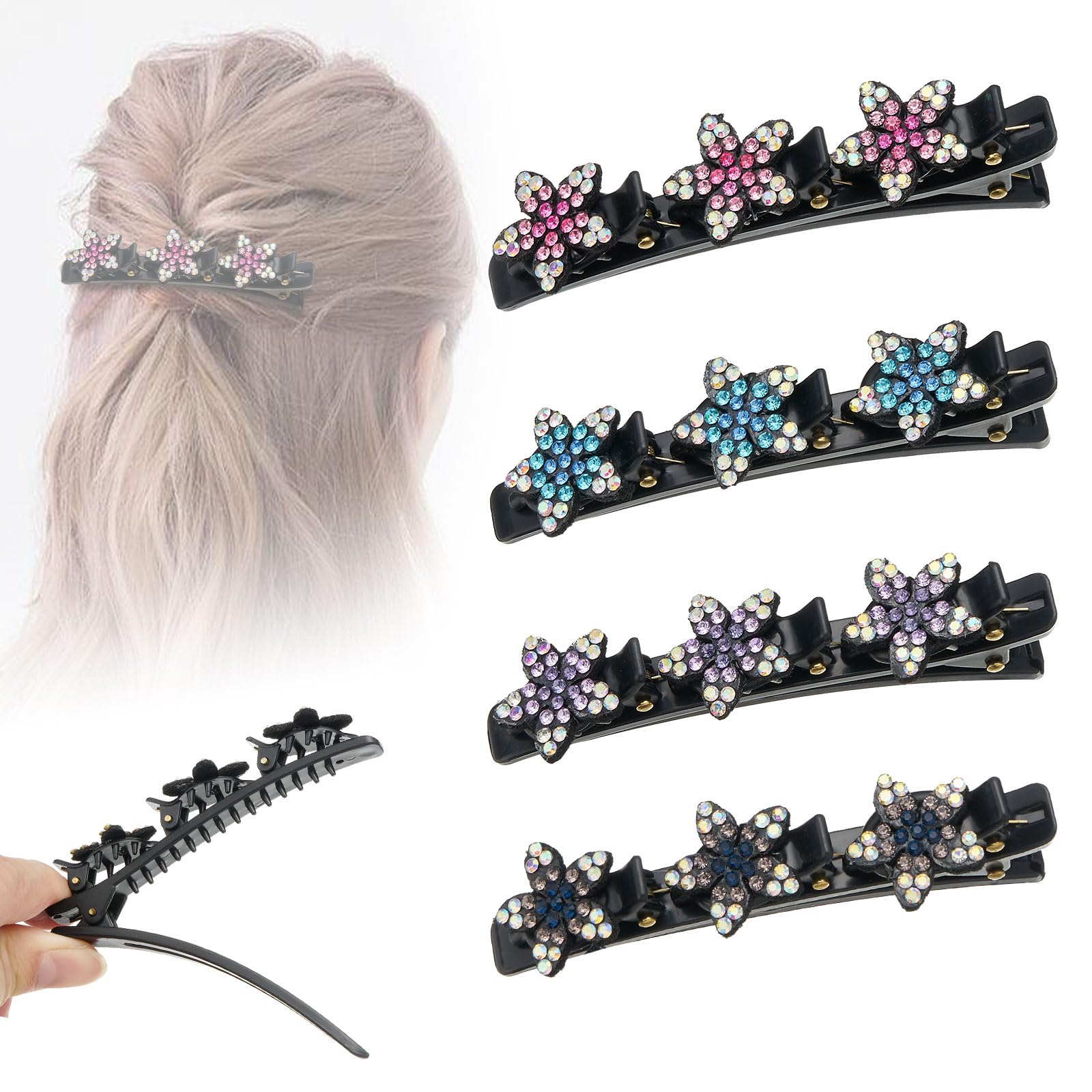 ZOUIQSS 4 Pcs Braided Rhinestone Hair Clips, Sparkling Crystal Stones, Elegant Hair Styling Clips, Rhinestone Hair Clip, Double Layer Hair Clips for Women and Girls