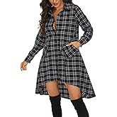 olrain Womens Plaids V Neck Long Sleeve Irregular Hem Casual Shirt Dress