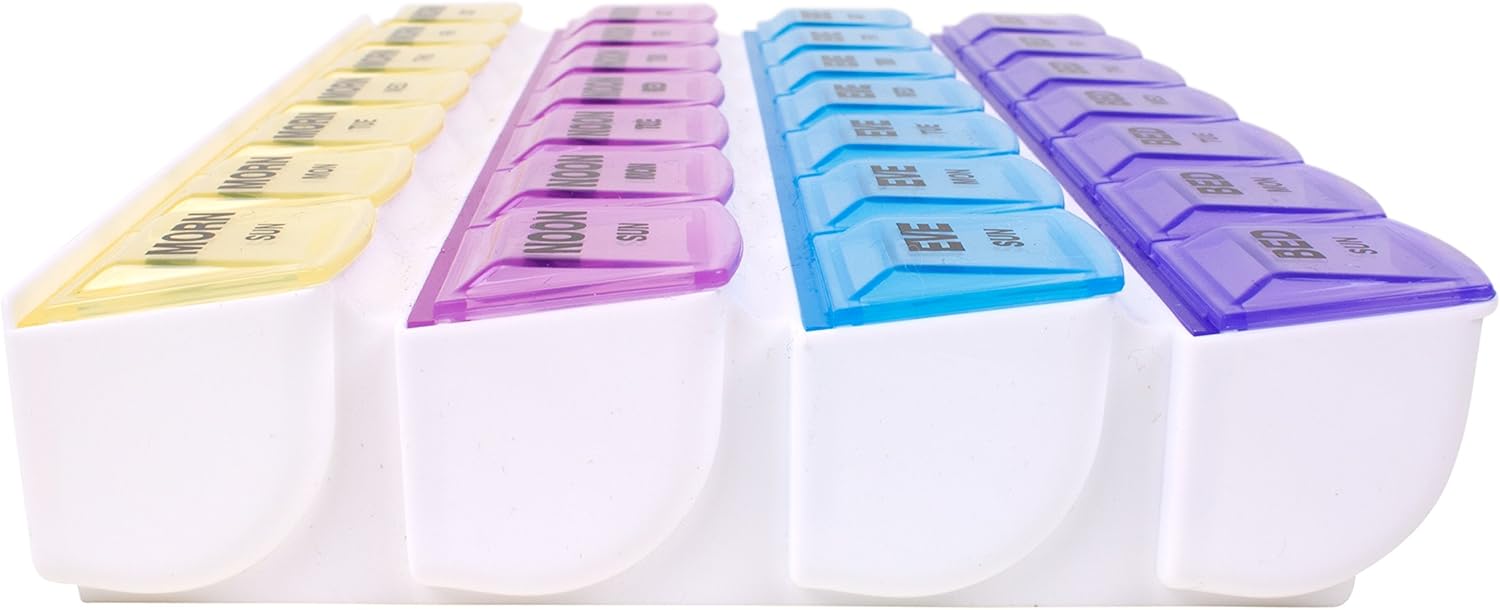Apex 7-day Mediplanner Pill Organizer, Weekly Pill Organizer, 4 Times a Day Color-Coded, Easy-Open, See-Through Lids, Organize Medication or Vitamins by AM, PM, Evening and Bedtime: Complete Medical: Health & Personal Care