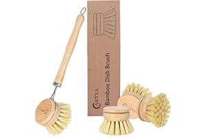 Bamboo Dish Brush with Handle - Soft Bristle, Eco-Friendly Vegetable Brush, Compostable & Sustainable, Bamboo Dish Scrubber f