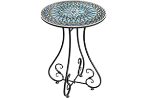 The Home Cult 16" Round End Table, Metal Scrollwork Accent Side Table, Unique Relief Ceramic Tile Tabletop with Metal Frame
