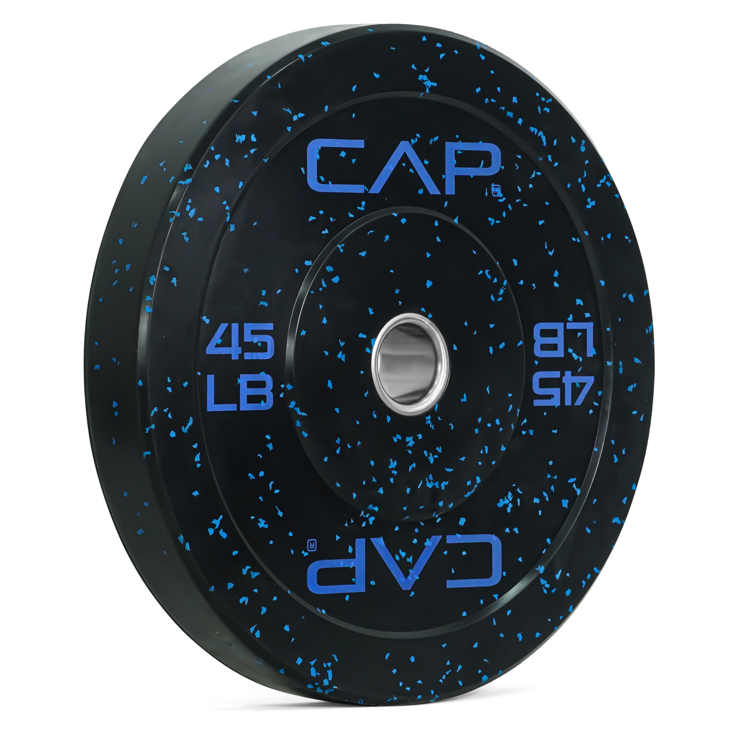 Photo 1 of **BOX OF 7**
CAP Barbell Economy - Speckled Olympic Bumper Plate with Blue Logo, Black, 45 lb Single