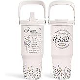 SANDJEST Christian Tumbler with Handle 30oz, Religious Gifts for Women, Stainless Steel Flip Straw Insulated Tumblers Coffee Travel Cup, Inspirational Gifts for Her for Birthday Christmas Mothers Day