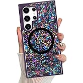 Jefonha Magnetic for Samsung Galaxy S23 Ultra Case Glossy Abalone Pearl Shell Phone Case for Women Men, Compatible with Magsafe, Shockproof Protective Cover, Elegant Purple