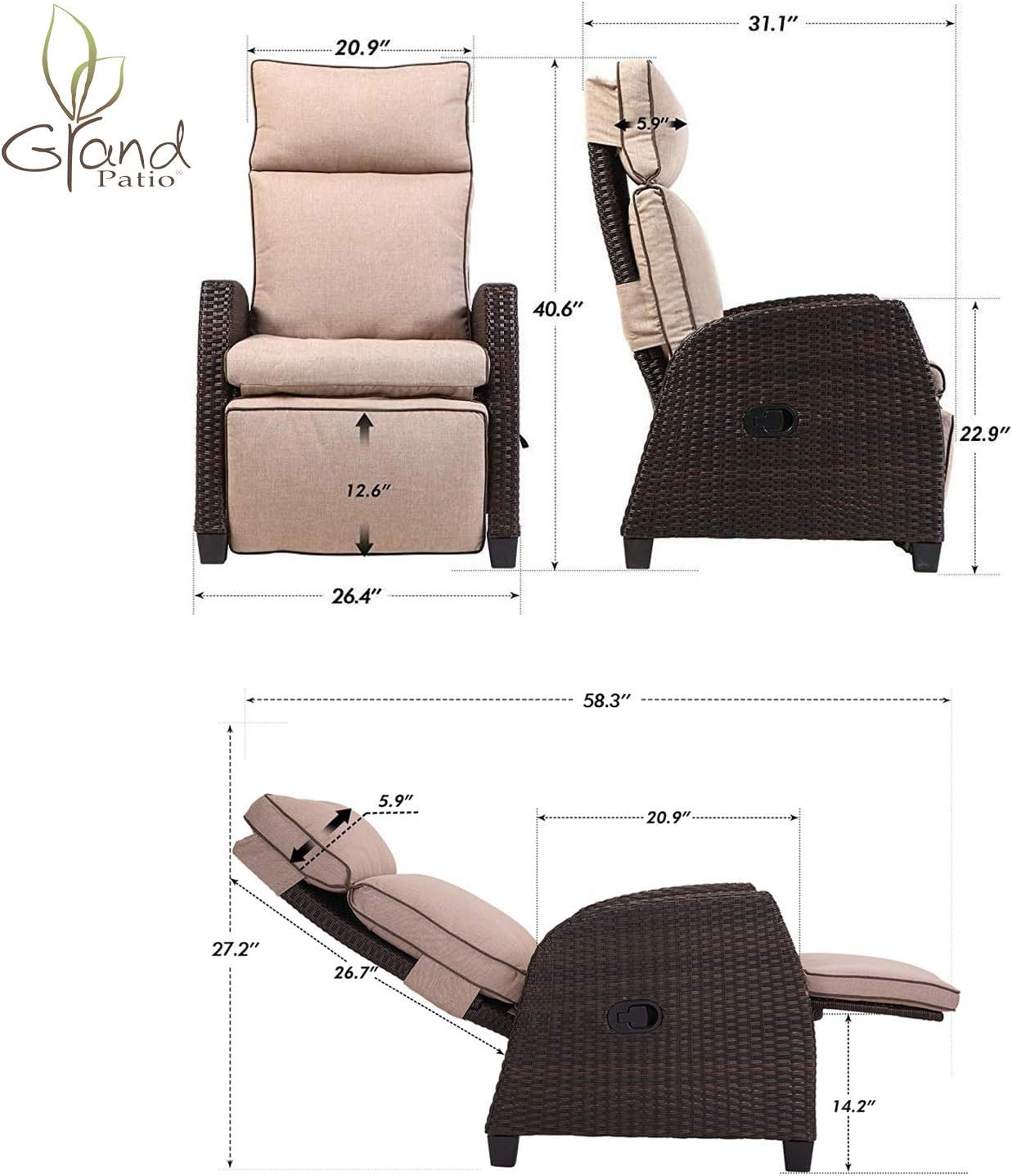 Grand patio Outdoor Resin Wicker Recliner ,Adjustable Lounge Chair with Side Table and Beige Cushion: Kitchen & Dining