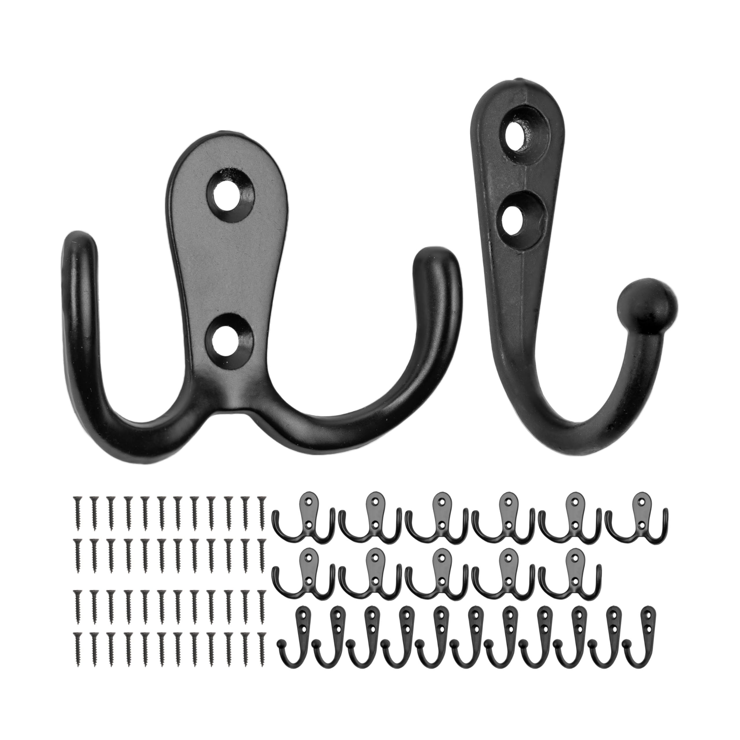 Screw hook set, 24 pieces, in black, 12 x single hooks and 12 x double hooks incl. wood screws, coat hanger for door, bathroom, kitchen, hallway, DIY metal holder, coat fastener, hat organizer